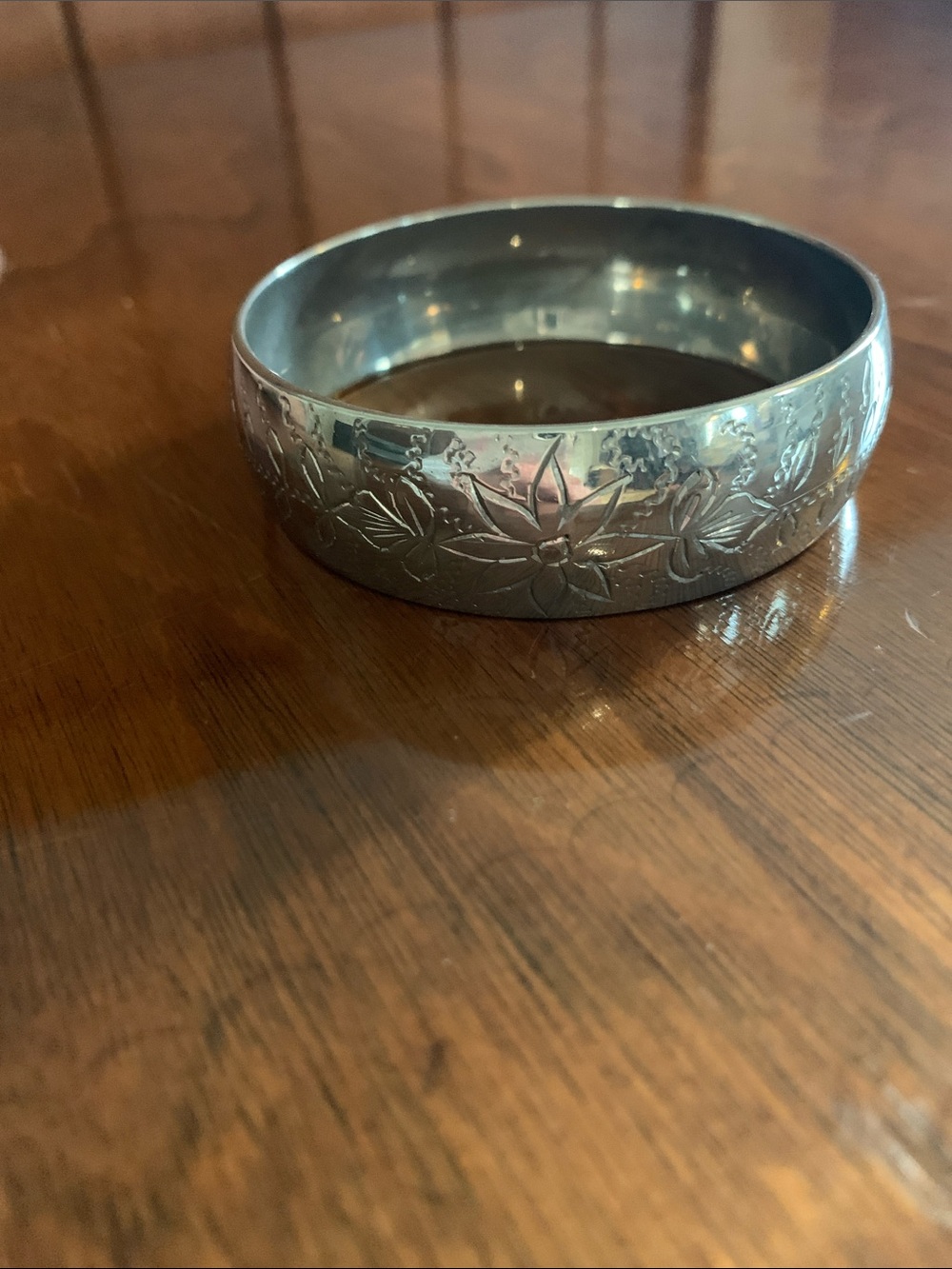 Floral Engraved Silver-Tone Bangle Bracelet